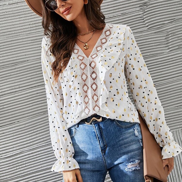 🌟 BOHO WHITE GOLD BLACK HEART RUFFLE BLOUSE! - Picture 1 of 16